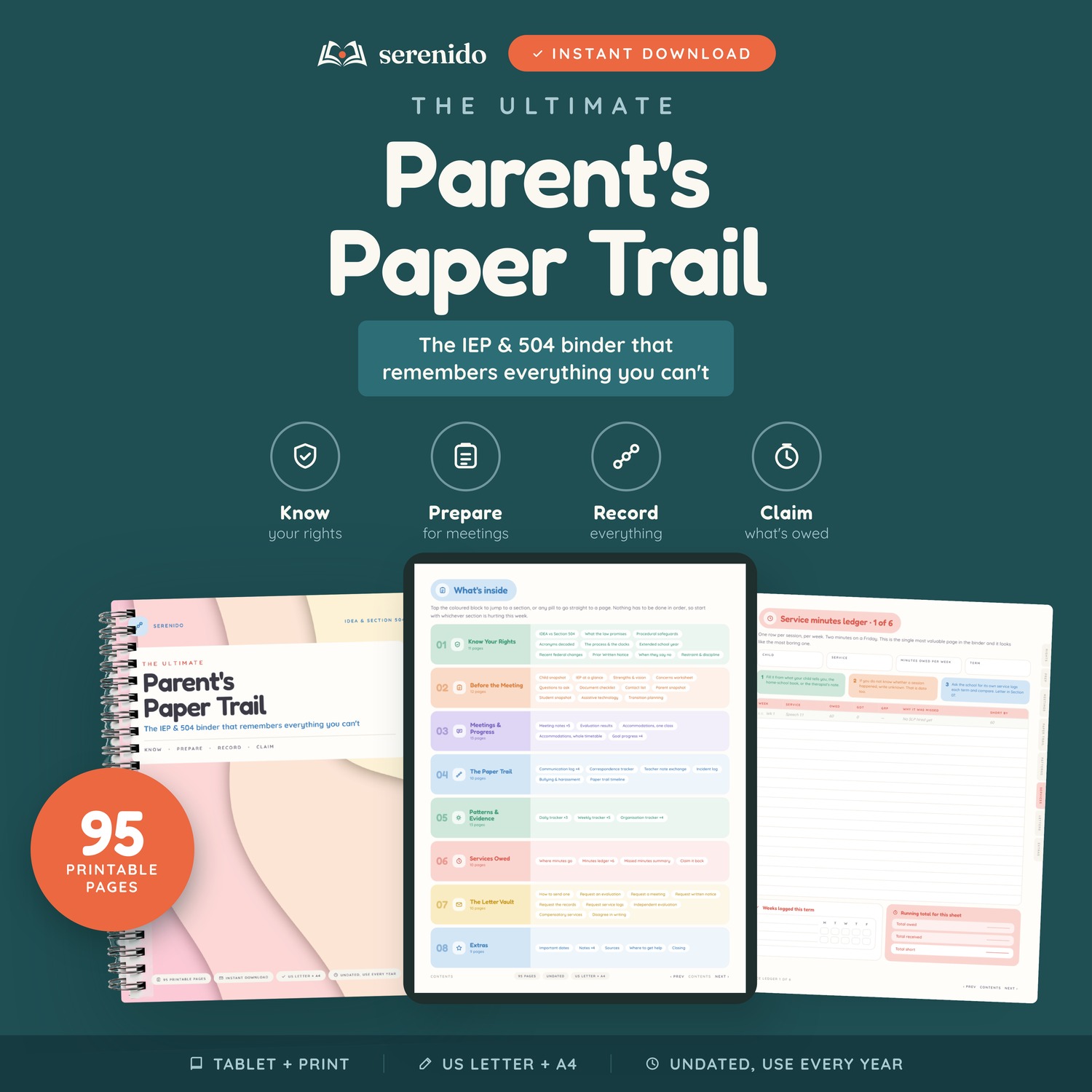 The Parent's Paper Trail. A 95-page undated IEP and 504 advocacy binder for parents: eight ready-to-send letters and a ledger that counts the minutes the school still owes.